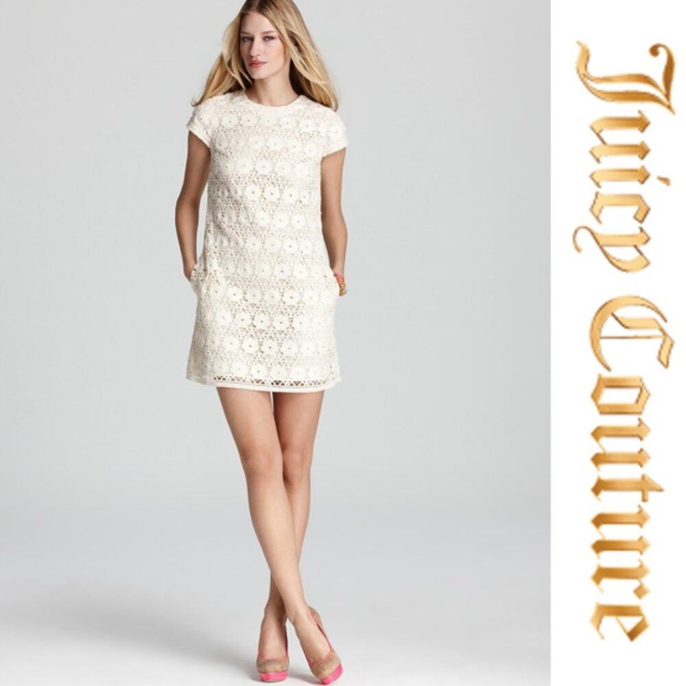 Juicy Couture Lace Dress Women 4 Cream Guipure Cap Sleeve Shift Dress Pockets